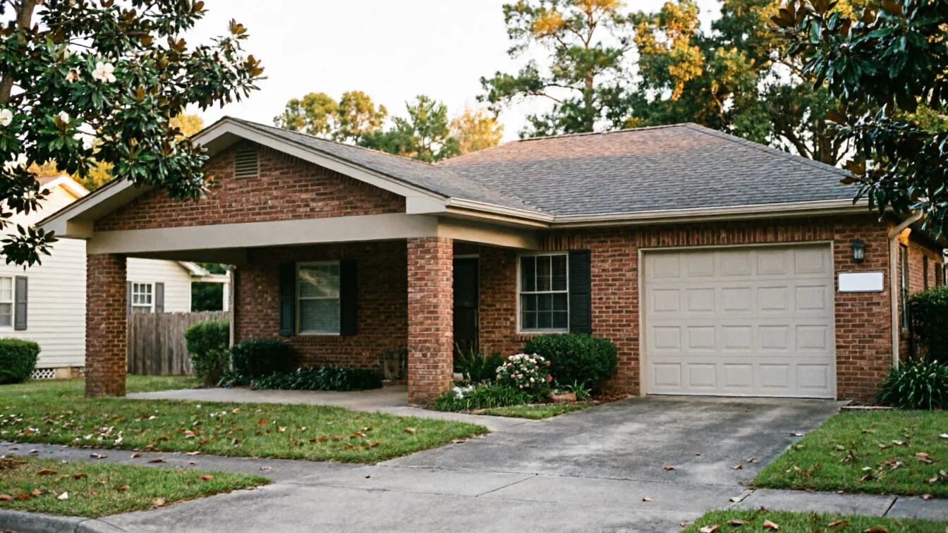 A brick house with a light-colored garage door and a covered entryway.