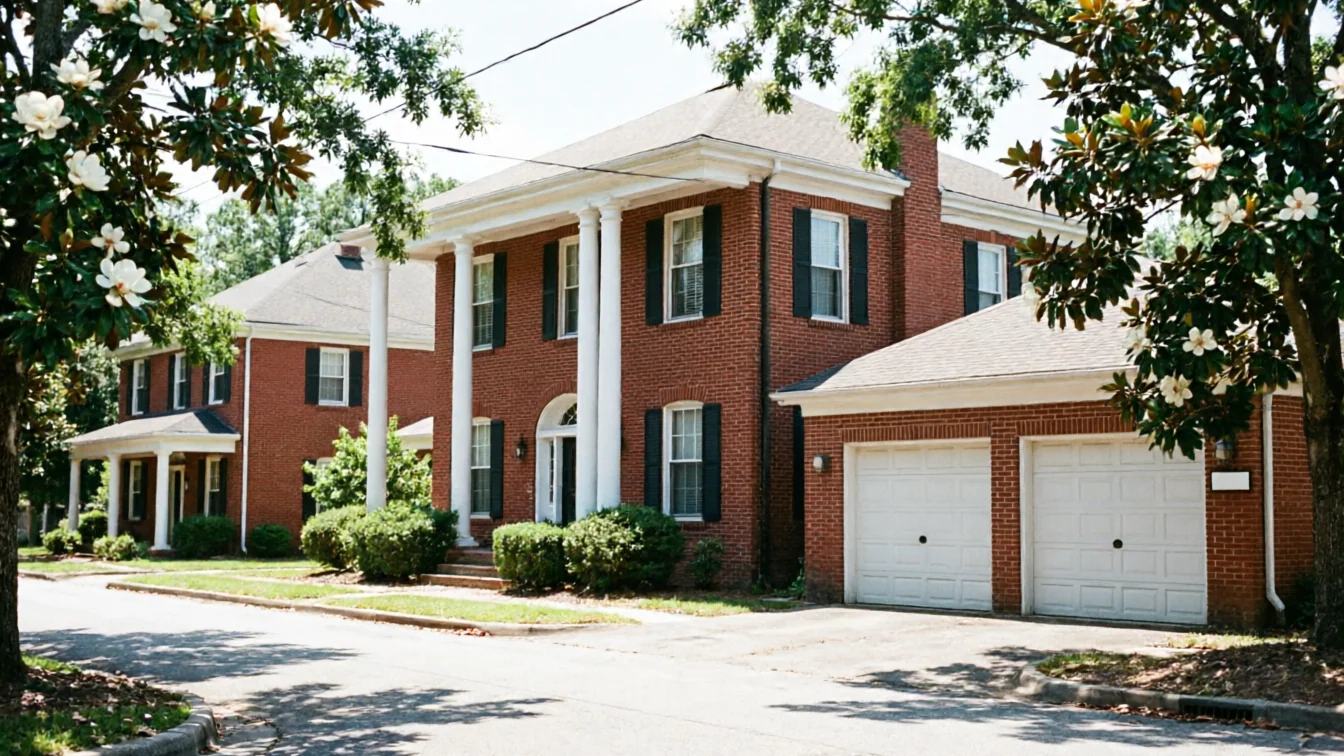 A large brick house with white garage doors and columns is visible through trees.