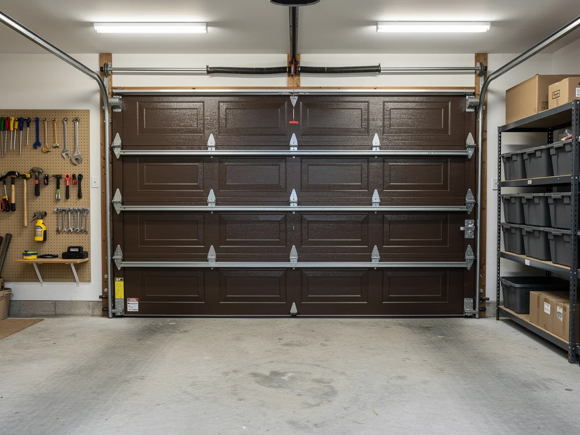 A brown garage door is closed in a garage with tools and shelves.