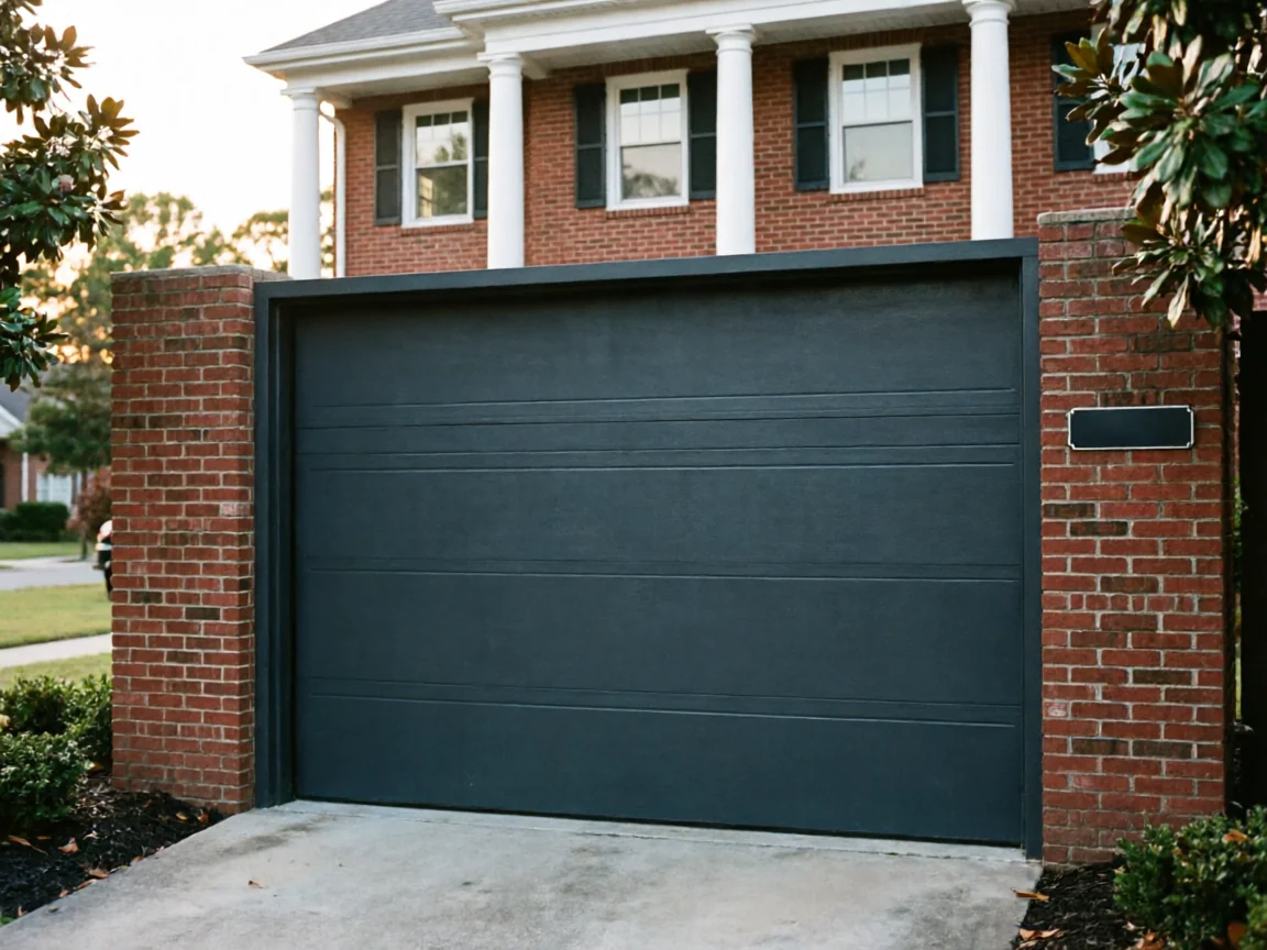 A dark gray garage door is set into a brick archway in front of a house.