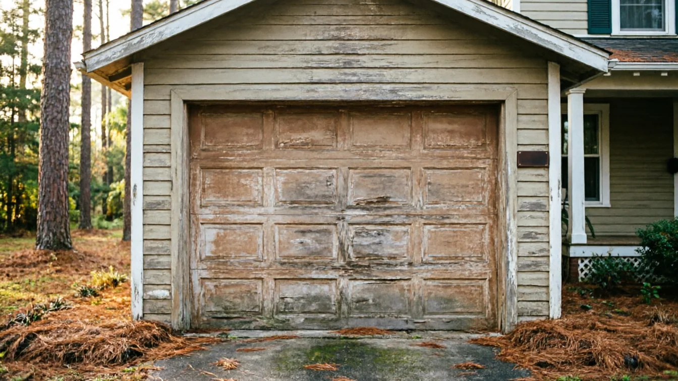 The old garage door has peeling paint and a damaged panel.